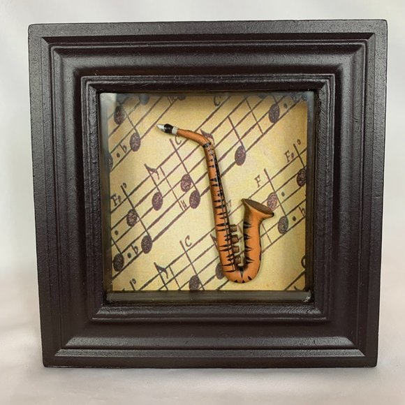 Framed Guitar and Saxophone Shadowboxes Glass Front Brown Trim Vintage - Picture 7 of 12
